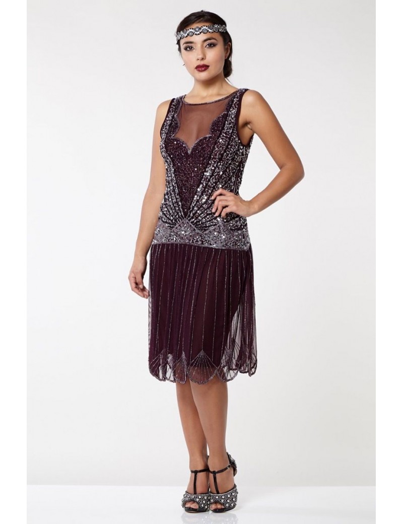 1920s Gatsby Plum Silver Sequin Evening Dress Elaina H9A