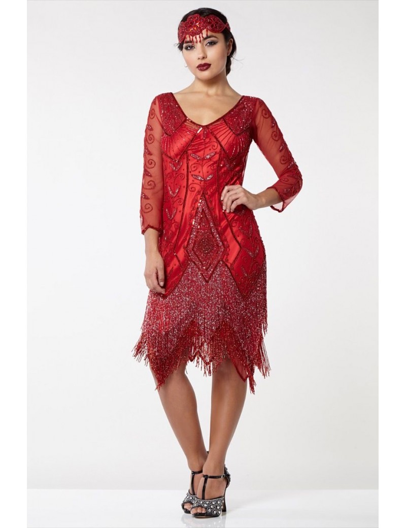 1920s Gatsby Red Beaded Evening Dress Scarlett