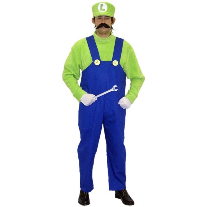 Mens Luigi + Ladies Mario Couples 80s/90s Plumber Fancy Dress Costume With Gloves